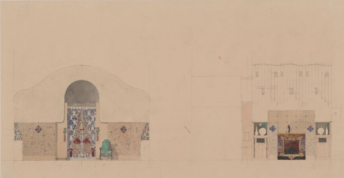 St. Louis, Sommersitz eines Kunstfreundes auf der internationalen Ausstellung, Speisezimmer, Raum 25, Aufrisse der Nordwest und Nordostwand