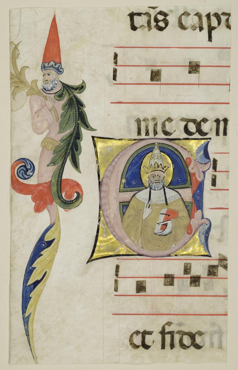 Initiale E mit einem heiligen Bischof und Randleiste mit einem Propheten (?)