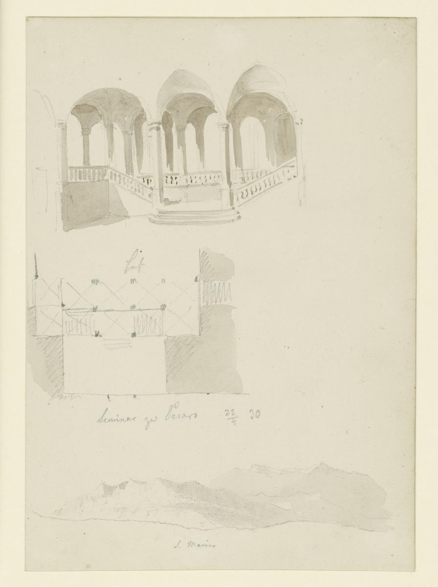 Peraso, Treppenhaus des Seminar, unten Bergkette von S. Marino
