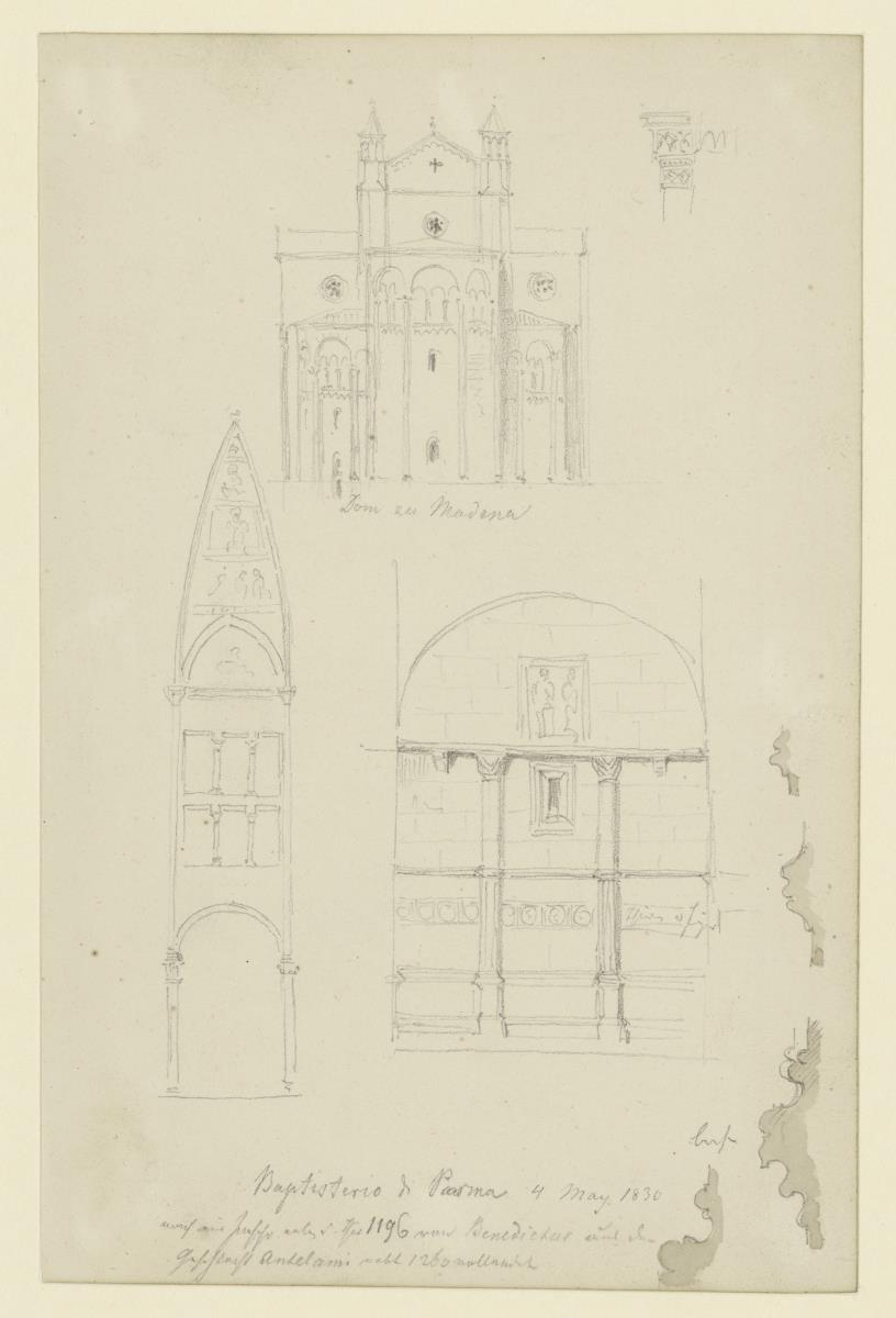 Modena, Dom Fassade, Detail eine Achse Innen; Parma, Wandaufriß Baptisteriums