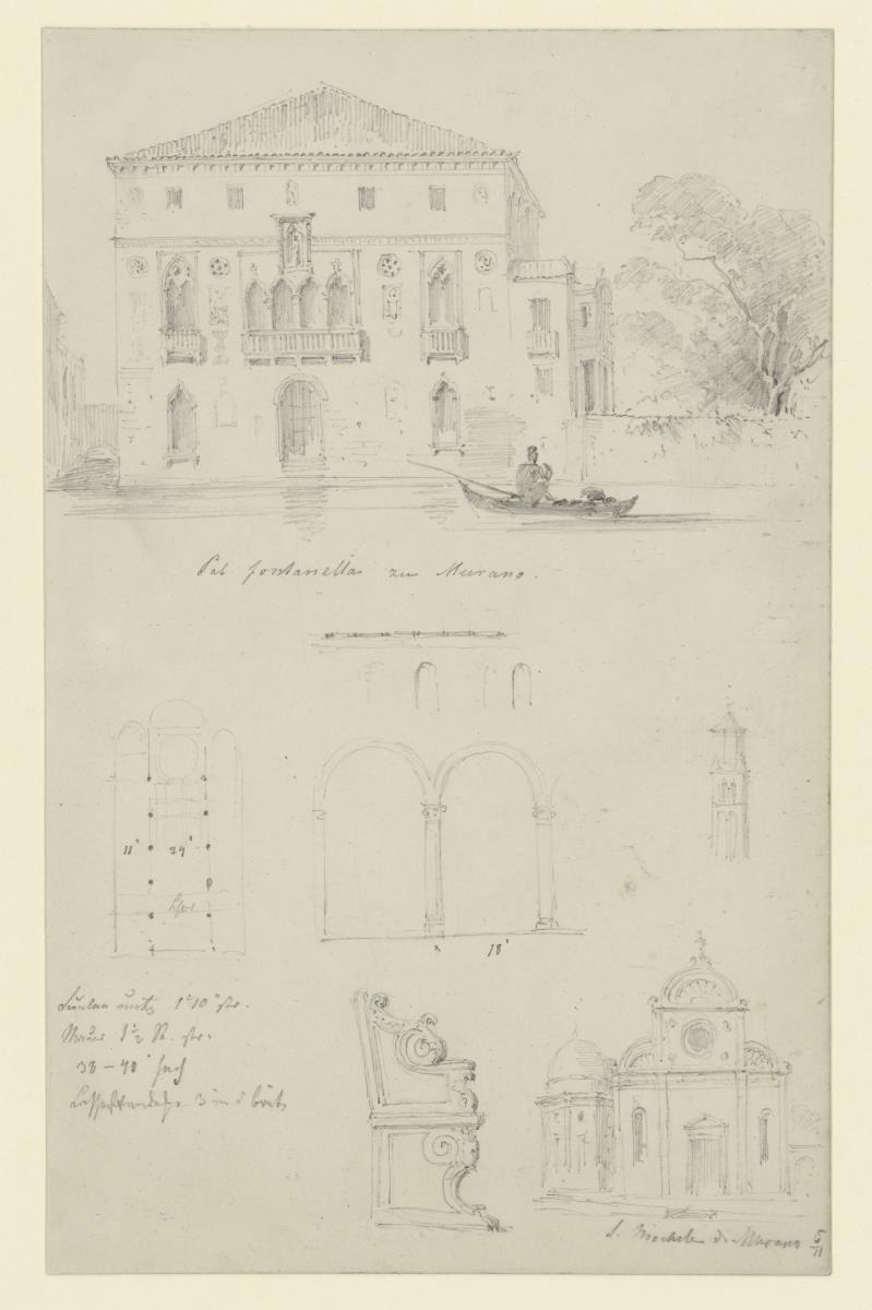 Murano, Isola di S. Michele, Ansicht des Palazzo Da Mulu von der Wasserseite; S. Michele Fassade,Campanile, Wandaufriß und Chorgestühl