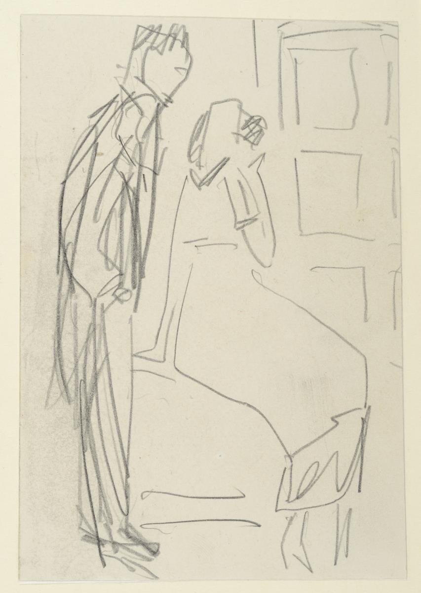 Mann im Frack und sitzende Frau (Theaterszene?)