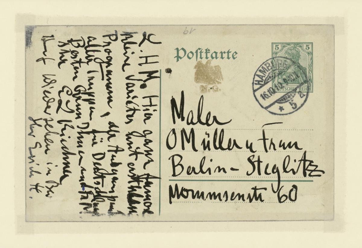Textseite der Postkarte an Otto und M. Mueller. Auf der Vorderseite die Zeichnung "Drei Tänzerinnen"