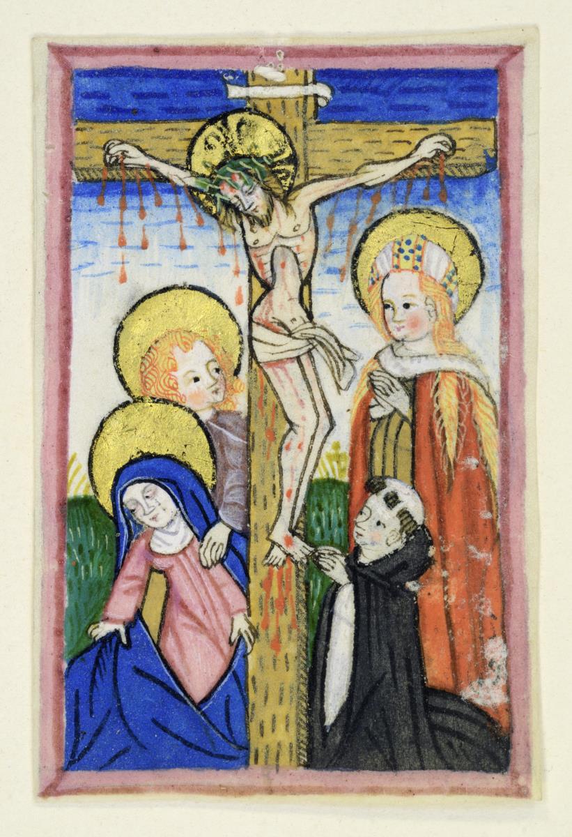 Christus am Kreuz mit Maria, Johannes, einer Heiligen und einem betenden Mönch