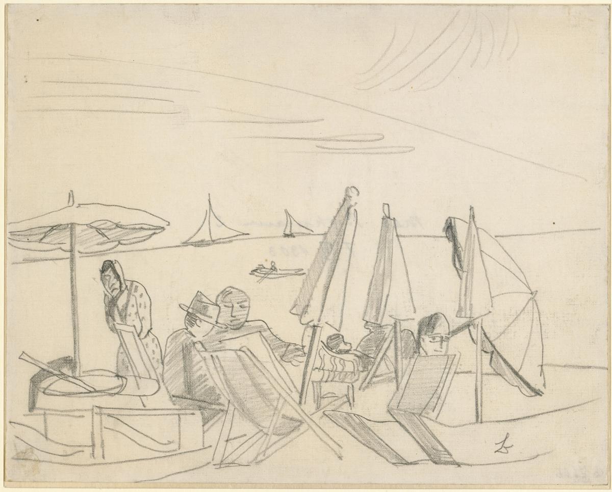 Strandszene mit Liegestühlen und Sonnenschirmen