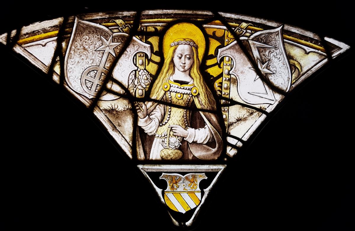 Hl. Dorothea zwischen zwei Schilden und mit dem Wappen des hl. Alexius