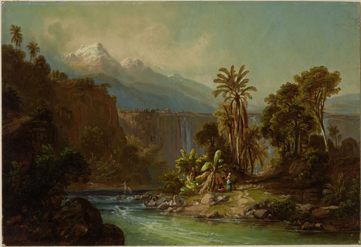 Landschaft mit der Hochebene von Mérida. Im Vordergrund ein Badeplatz am Fluss