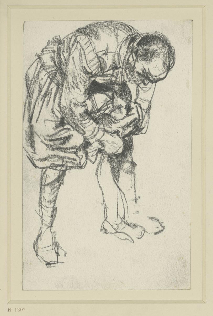 Modellstudie, sich bückende männliche Figur, dabei am Knie nestelnd, Historisches Museum, Dresden (?)