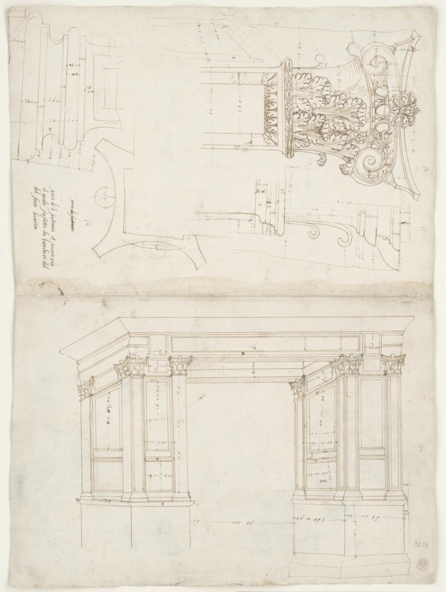 Aufriss und architektonische Details vom Triumphbogen des Septimius Severus am Forum Boarium
