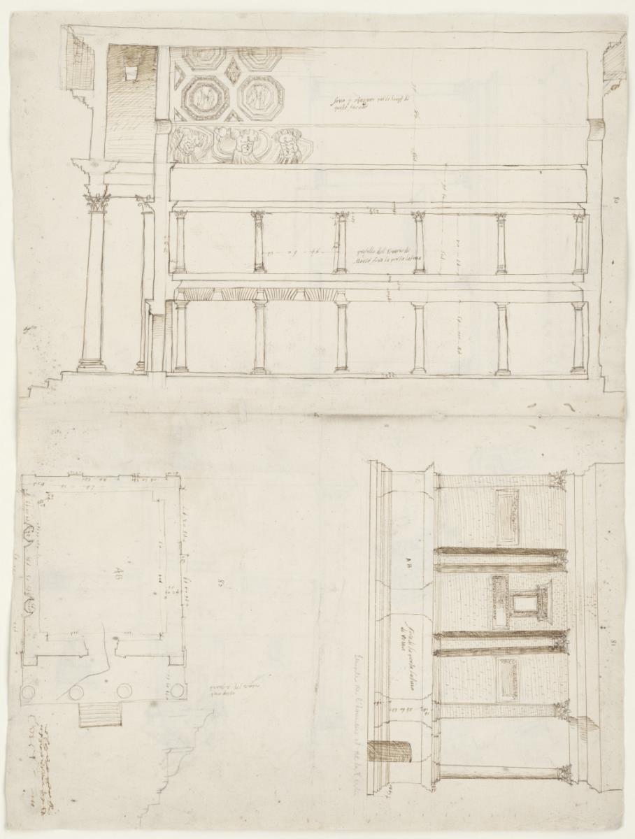 Schnitt, Grundriss und Ansicht vom Tempel des Mars und Grabtempel der Annia Regilla vor der Porta Latina