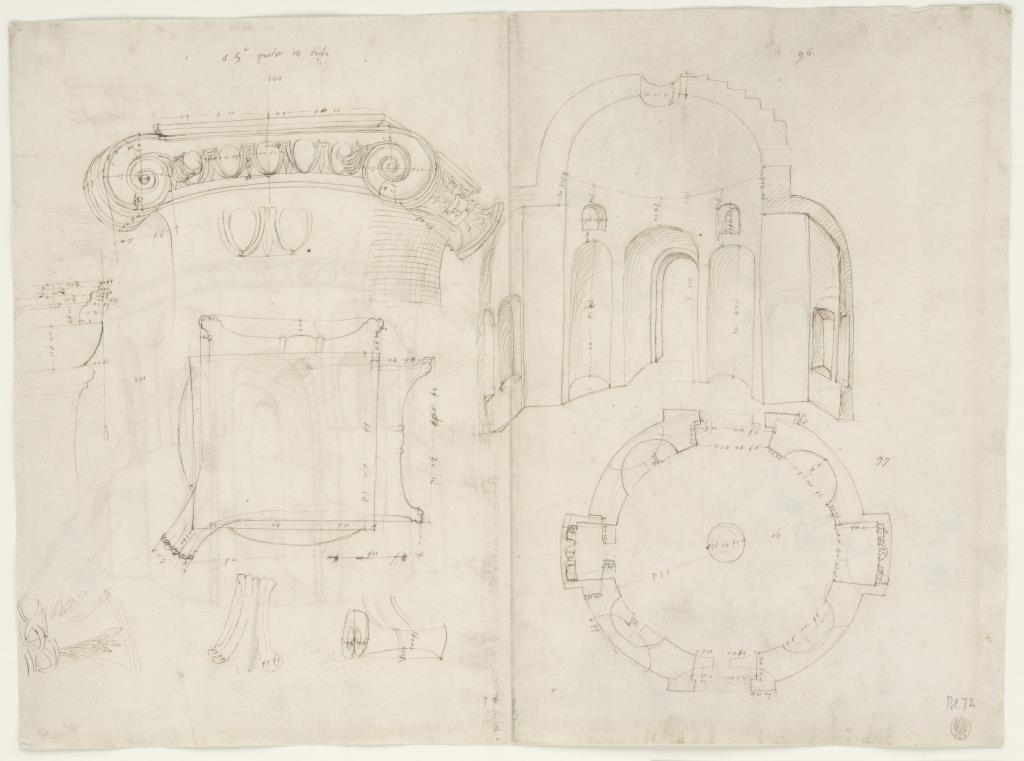 Ansicht, Grundriss und architektonische Details von einem antiken Rundbau mit Nischen