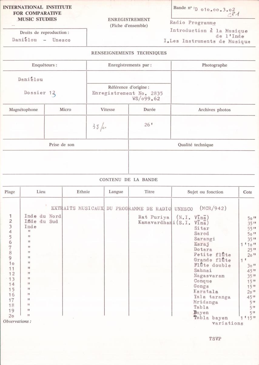 Radio Programme "Introduction à la Musique de l'Inde; 1. Les Instruments de Musique"