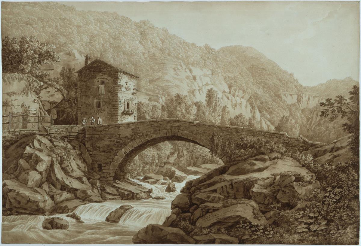 Brücke bei Vallombrosa. Brücke im Waldgebirge, die nach rechts zu einem Hause (Mühle) über einen Bergbach führt