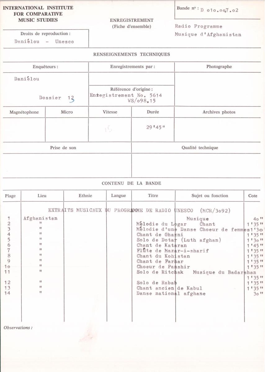 Radio Programme "Musique d'Afghanistan"