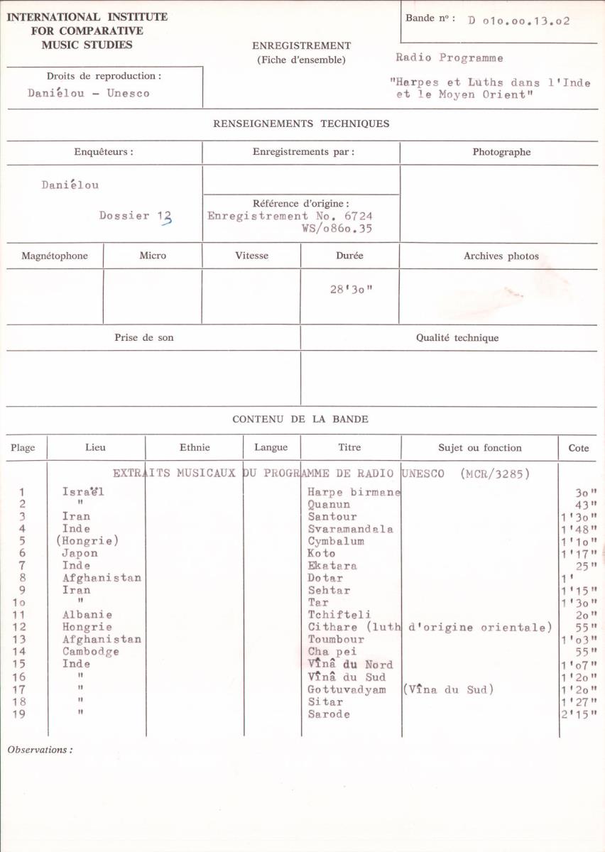 Radio Programme "Harpes et Luths dans l'Inde et le Moyen Orient": Extraits musicaux du programme de Radio Unesco