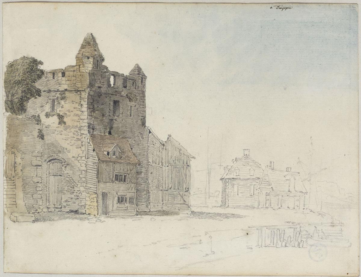 Dieppe, Mauerturm mit Hausern am Hafen