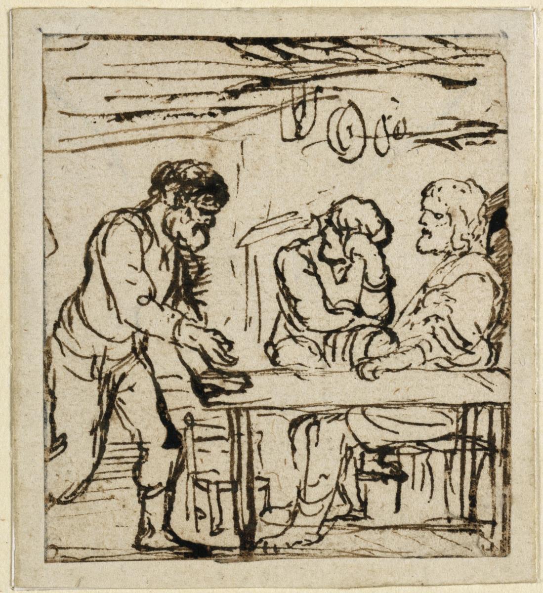 Drei Männer in einem Raum. Zu zwei an einem Tisch sitzenden Männern tritt ein Dritter mit einer Gebärde des Erzählens heran. (Jupiter, Merkur und Philemon.)