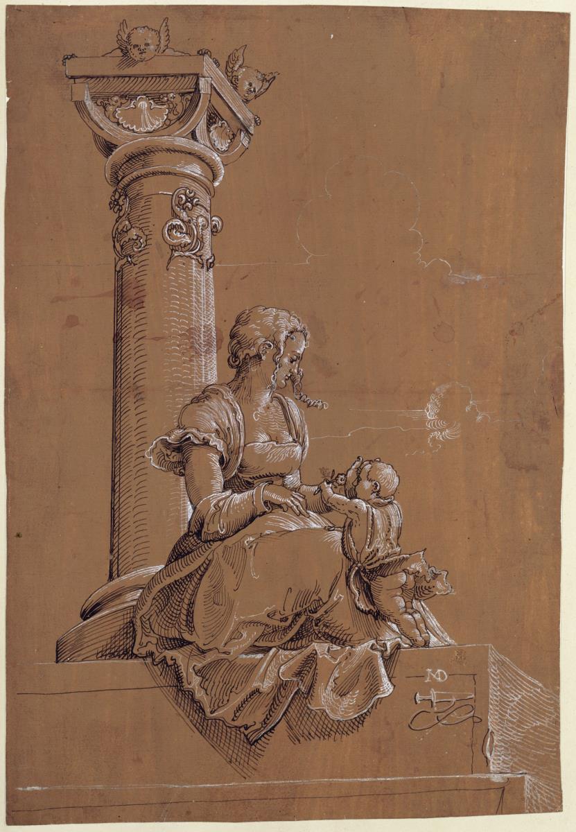 Maria mit dem Kinde am Fuße einer Säule sitzend