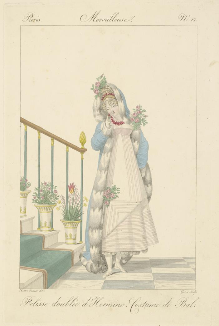 Incroyables et Merveilleuses: Tafel 12: pelisse doublée d'hermine, costume de bal