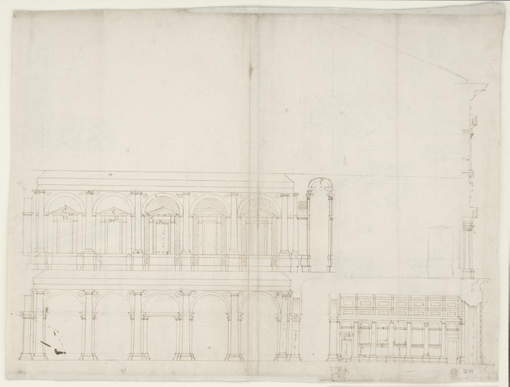 Teilschnitt durch den Hof und Portikus des Palazzo Farnese
