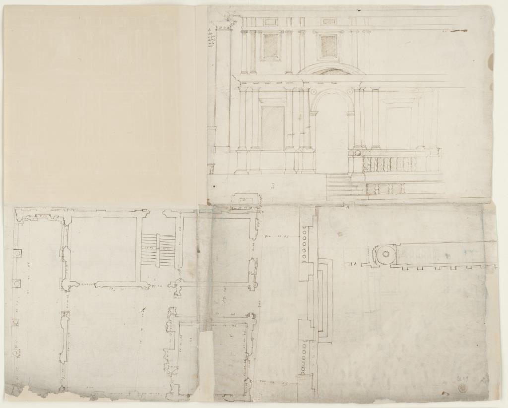 Teilaufriss und Teilgrundriss der Villa Lante auf dem Gianicolo