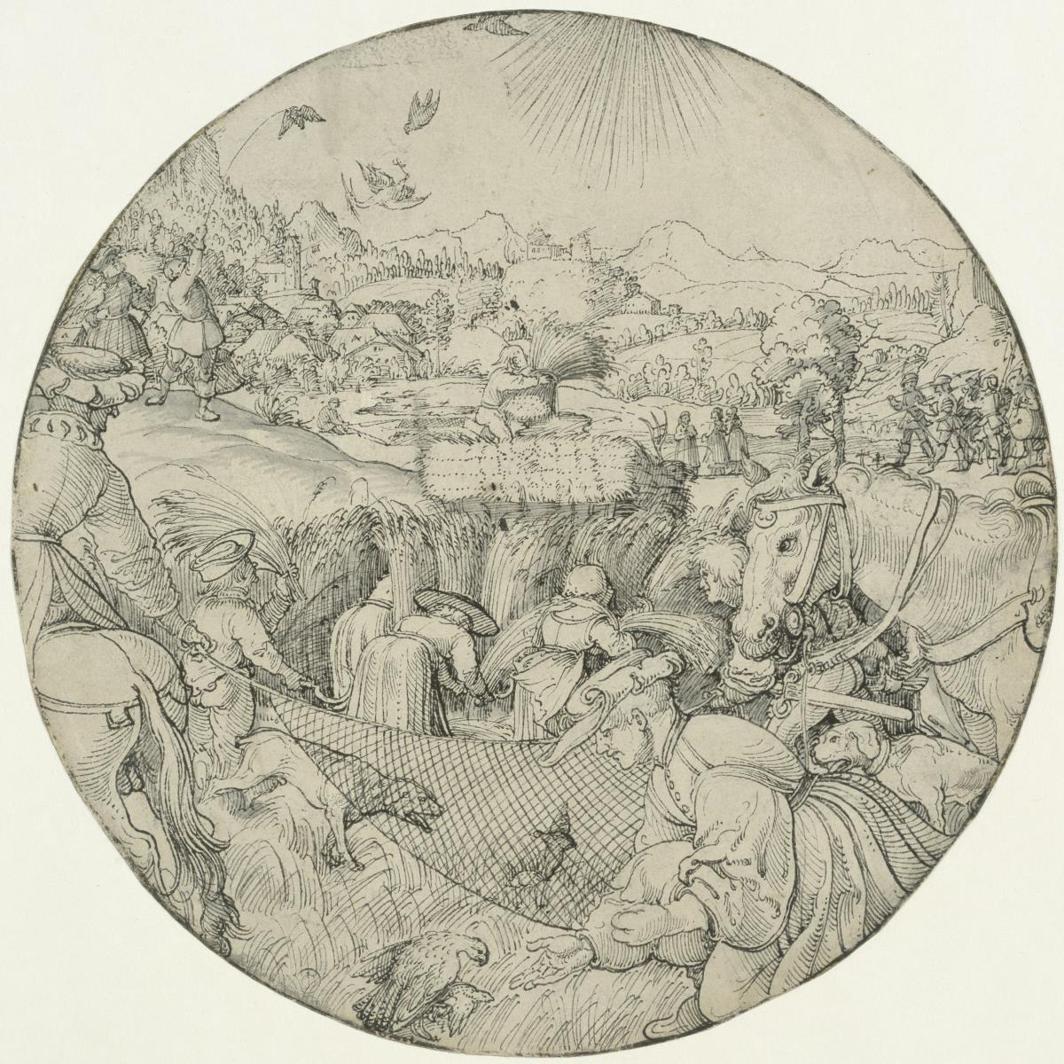 Monatsbild des Juni. Landschaft mit Bauern, Tieren und Vogelfängern