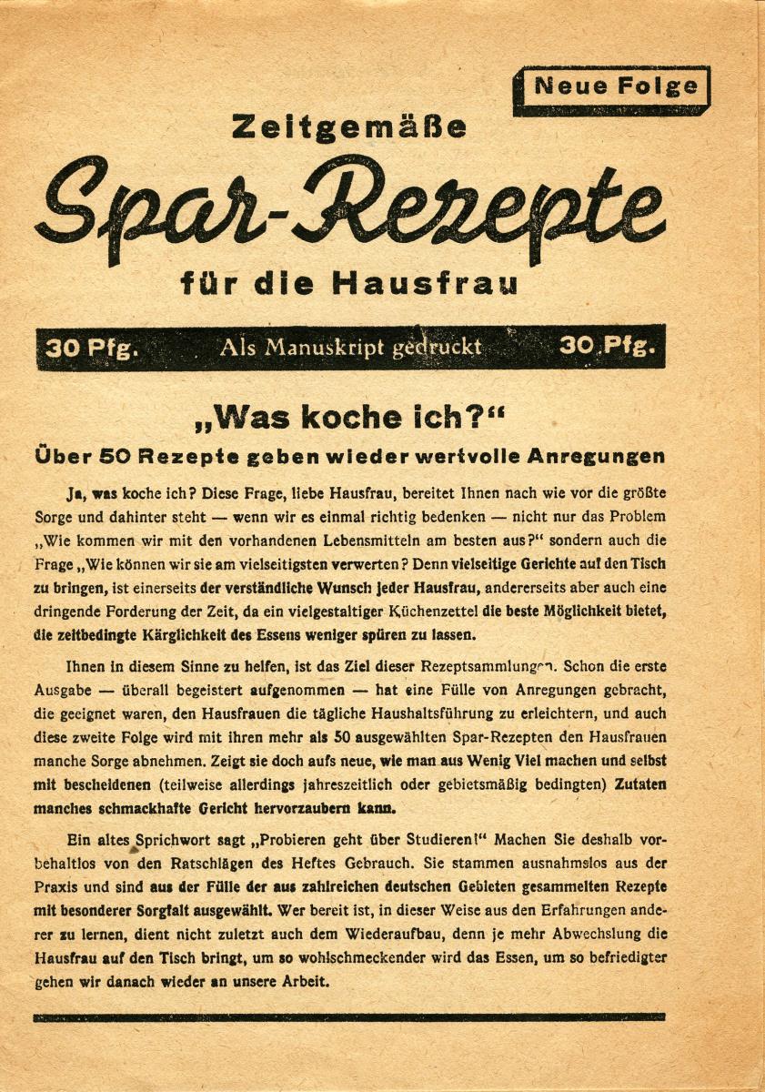 Zeitgemäße Spar-Rezepte für die Hausfrau.