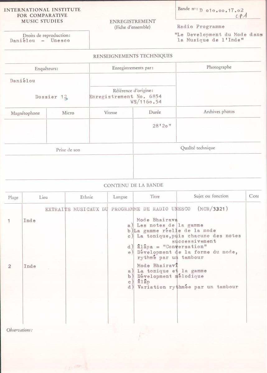 Radio Programme "Le Dévelopment du Mode dans la Musique de l'Inde": Extraits musicaux du programme de Radio Unesco (MCR / 3321)
