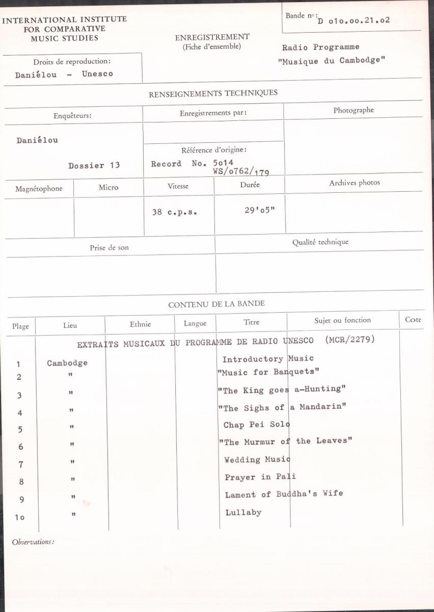 Radio Programme "Musique du Cambodge": Extraits musicaux du programme de Radio Unesco (MCR / 2279)