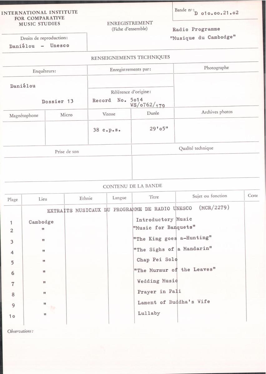 Radio Programme "Musique du Cambodge": Extraits musicaux du programme de Radio Unesco (MCR / 2279)
