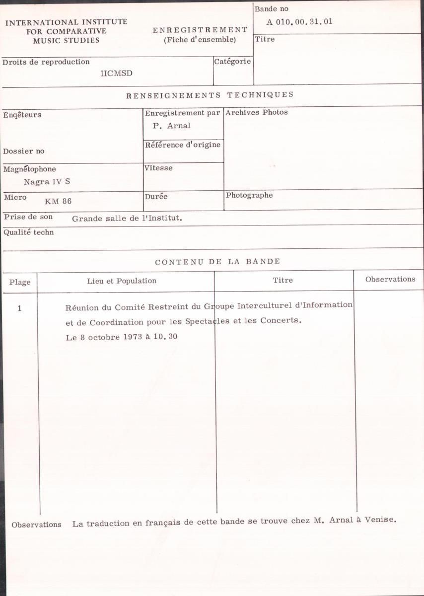 Réunion du Comité Restreint du Groupe Interculturel d'Information et de Coordination pour les Spectacles et les Concerts