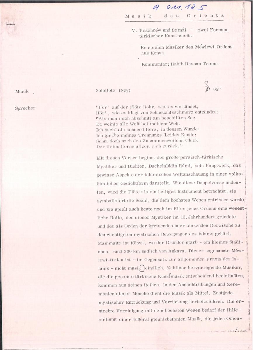 5. SFB-Sendung "Peschrew und Semai: Zwei Formen türkischer Kunstmusik"