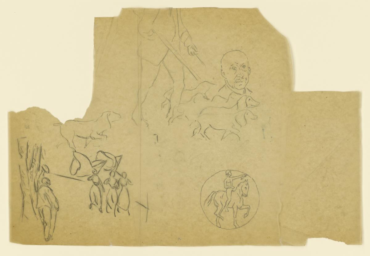 Fragment mit Übertragungspause zur Kreidelithographie "Jäger mit Hunden" (1917), Entwurf zu Gottfried Kellers Gedicht "Berliner Pfingsten" und durchgezeichnete Reiter-Vignette (für den Umschlag zu "54 Steindruck zu kleinen Schriften von Heinrich von Kleist", Berlin 1917)