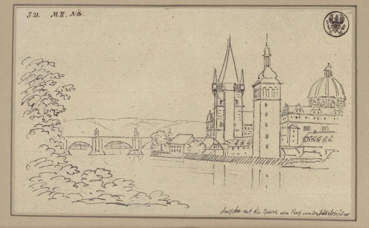 Blick auf die Karlsbrücke in Prag mit dem Altstädter Brückenturm und der Kuppel der Kreuzherrenkirche
