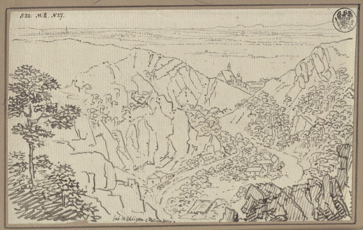 Landschaft bei Mödling südlich von Wien mit den Dörfern Vorder- und Hinterbrühl