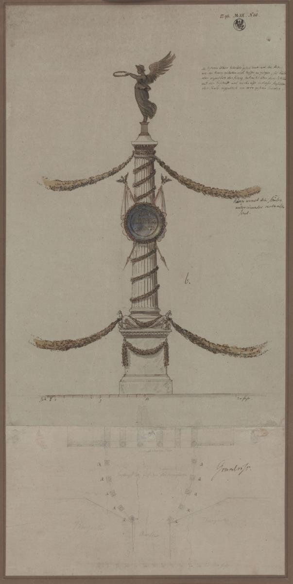 Berlin. Entwurf zur Dekoration des Platzes vor dem Brandenburger Tor für den Einzug der Sieger aus dem Befreiungskrieg von 1814. Ansicht einer Siegessäule und Grundriss des Platzes