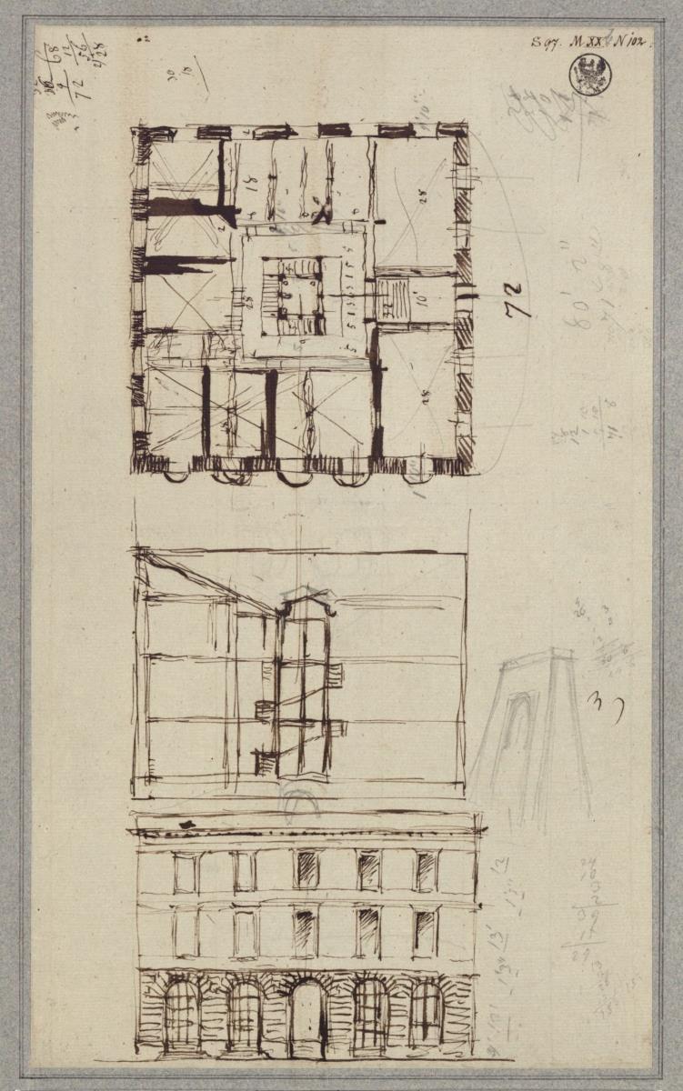 Entwurf zu einem öffentlichen Gebäude. Grundriss, Aufriss und Schnitt