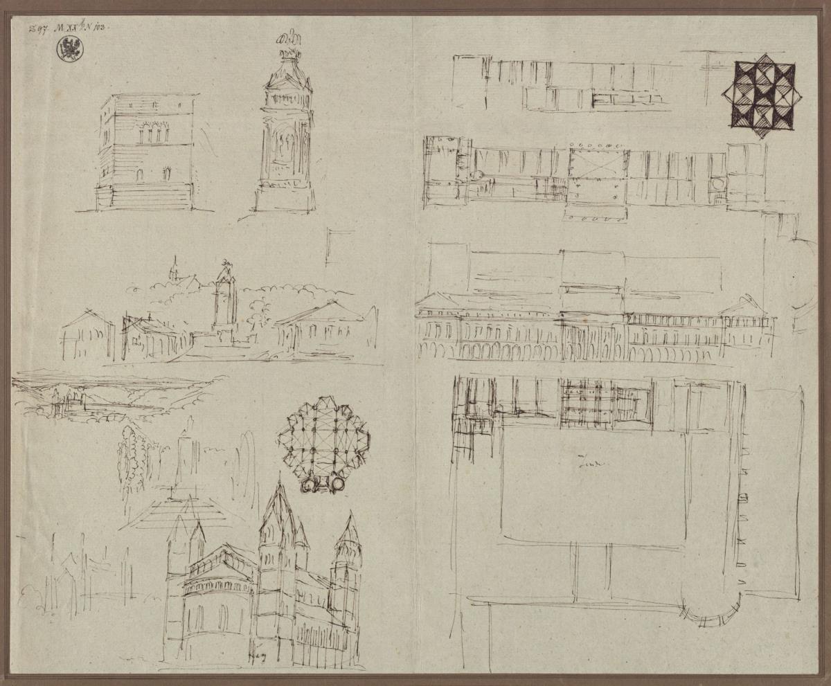 Rheinland. Reiseskizzen. Ansicht und Grundriss zweier Kirchen, darunter der Liebfrauenkirche zu Trier & Ansicht eines Schlosses & Ansicht des Dorfplatzes und der Säule von Igel