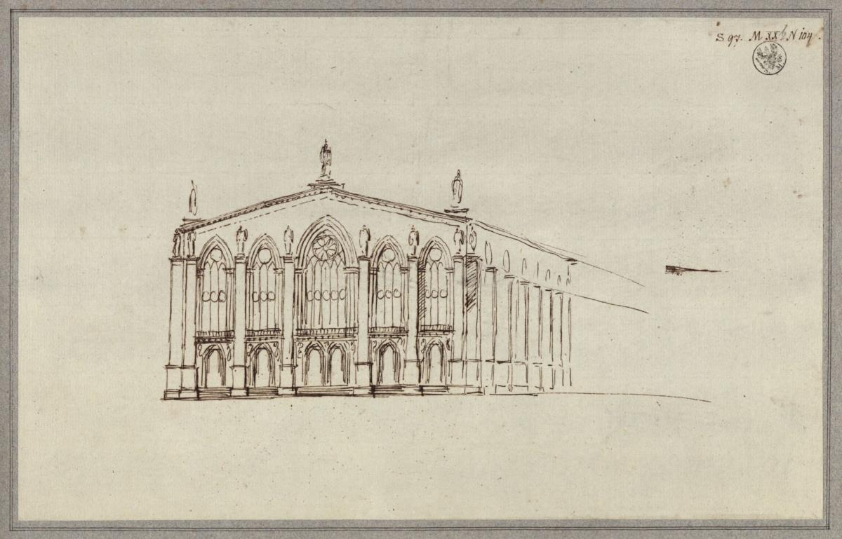 Entwurf für eine Domfassade. Perspektivische Ansicht / Mailand. Entwurf zur Vollendung der Fassade des Domes (?)