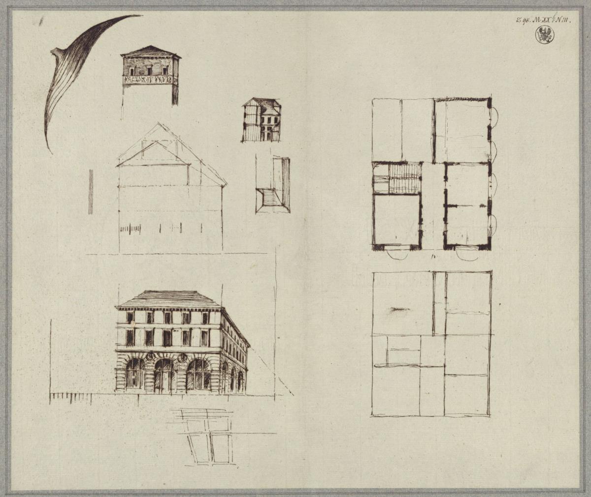 Eckgebäude. Grundrisse, Schnitte und perspektivische Ansicht, Ansicht eines Turmaufsatzes.