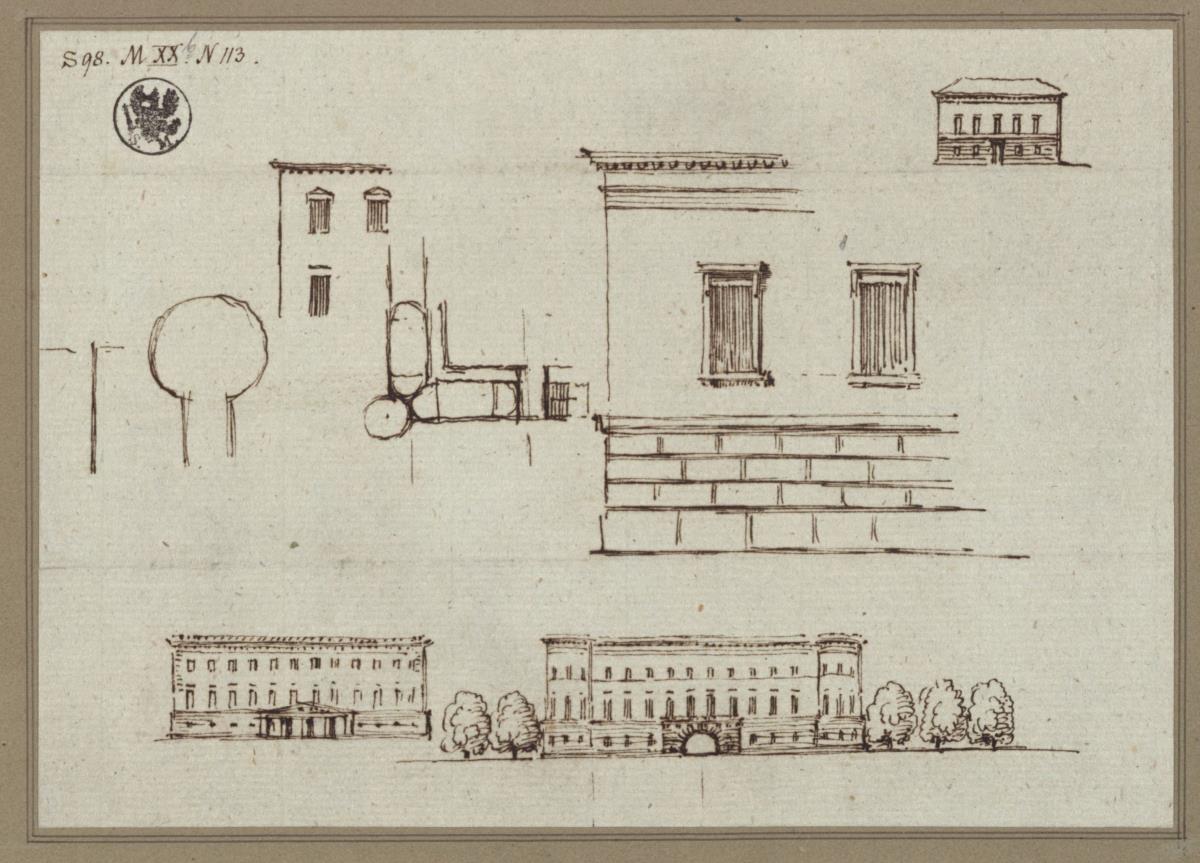 Entwurf für einen Palast mit Ecktürmen und ein Landhaus. Aufrisse, Details, Grundrissausschnitt.
