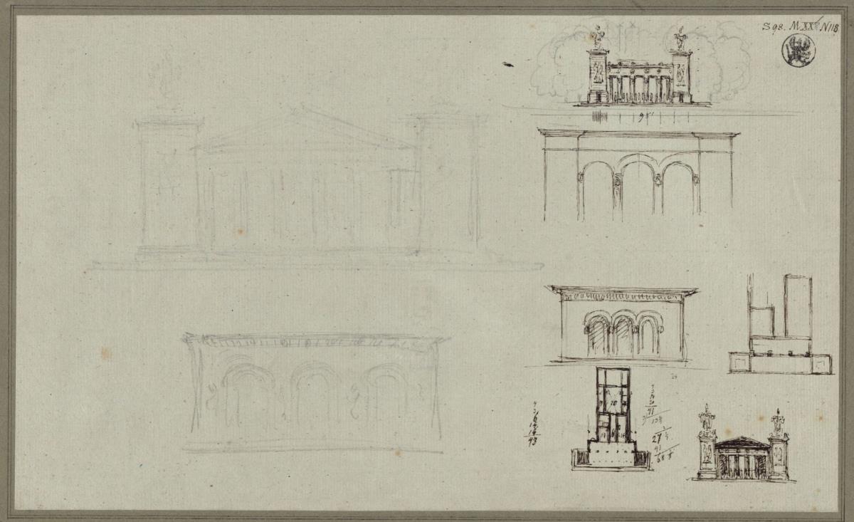 Berlin. Neue Wache. Gegenüberstellung von Rundbogenhalle und Pfeilerhalle. Aufriss und Grundrisse.