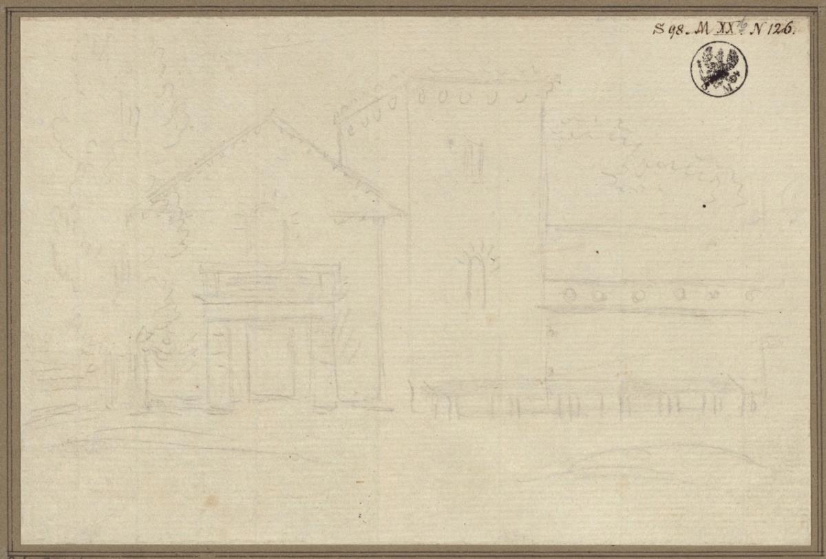 Entwurf zu einem basilikalen Wirtschaftsgebäude samt Portikus und Turm / Bärwinkel. Entwurf zum Molkenhaus (?)