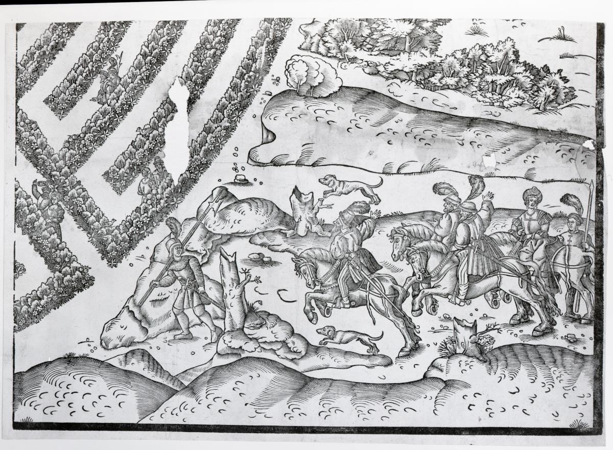 Labyrinthus - das große Liebesgarten-Labyrinth mit Reitern, einem lagernden Hirten und seiner Herde und der badenden Diana mit ihren Nymphen