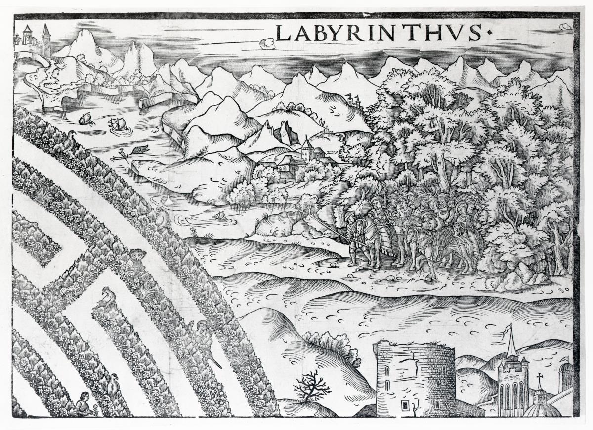 Labyrinthus - das große Liebesgarten-Labyrinth mit Reitern, einem lagernden Hirten und seiner Herde und der badenden Diana mit ihren Nymphen