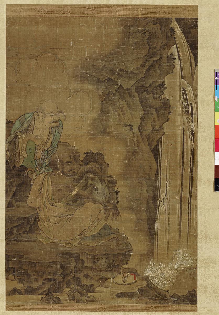 Zwei Arhats (Rakan) betrachten den Wasserfall