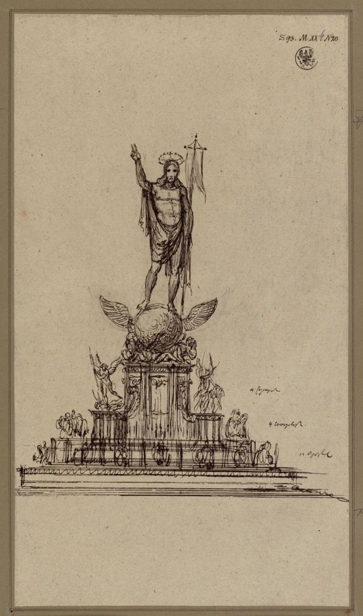 Berlin. Entwurf zu einem Dom als Denkmal für die Befreiungskriege (Befreiungsdom). Standbild für die Mitte des Domes. Christus mit der Fahne über der Welt und Piedestal mit den vier Erzengeln, Evangelisten und zwölf Aposteln