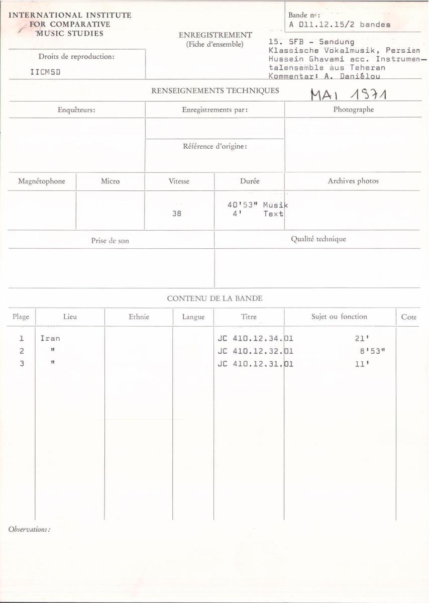 15. SFB-Sendung Klassische Vokalmusik, Persien: Hussein Ghavami acc. Instrumentalensemble aus Teheran