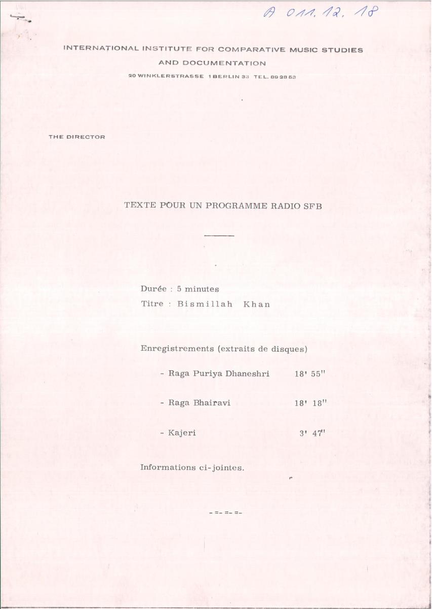 18. SFB-Sendung Indische Oboe Shahnai Bismillah Khan u. Ensemble, (Kommentar: Alain Daniélou)