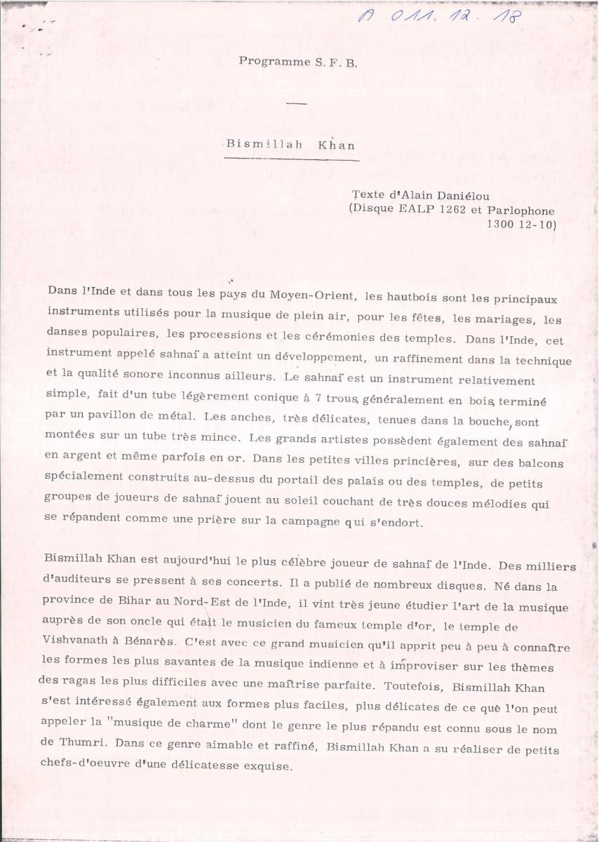 18. SFB-Sendung Indische Oboe Shahnai Bismillah Khan u. Ensemble, (Kommentar: Alain Daniélou)